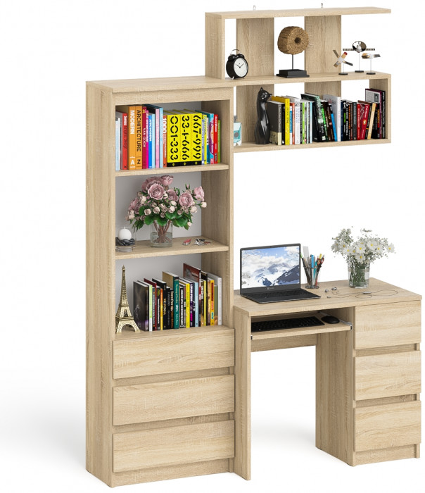Мори компьютерный стол МС-6 правый + Стеллаж МСТ600.3 + Полка 900, дуб сонома