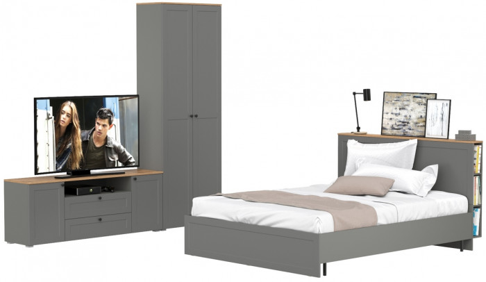 Остин 11.53 Кровать + ортопед + 16.307 Шкаф + 16.47 Тумба под ТВ, серый графит/дуб крафт золотой