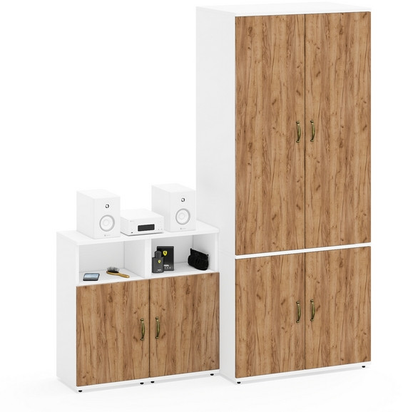 Лидер-8 Шкаф МД 19Б + Тумба МД 3.19 + Тумба МД 3.19, цвет белый шагрень/крафт золото, ШхГхВ 160х50х190 см., универсальная сборка