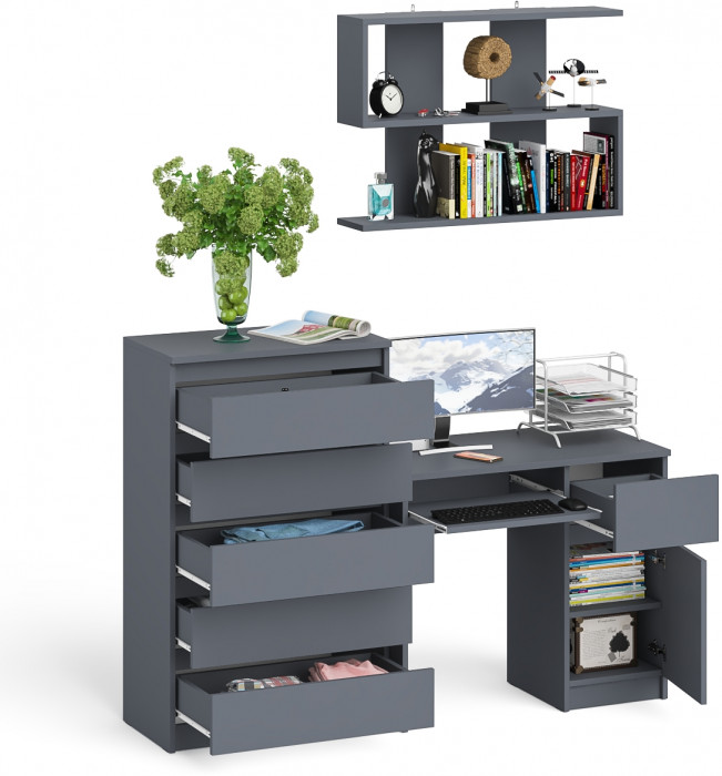 Мори Стол компьютерный МС-1 правый + Комод МК700.5 + Полка 900, цвет графит, ШхГхВ 160,4х50х209,6 см., НЕ универсальная сборка