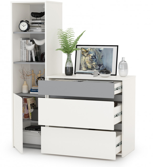 Торонто 13.13 Шкаф комбинированный + 13.321 Комод, цвет белый шагрень/стальной серый, ШхГхВ 120х40,3х149,7 см., универсальная сборка