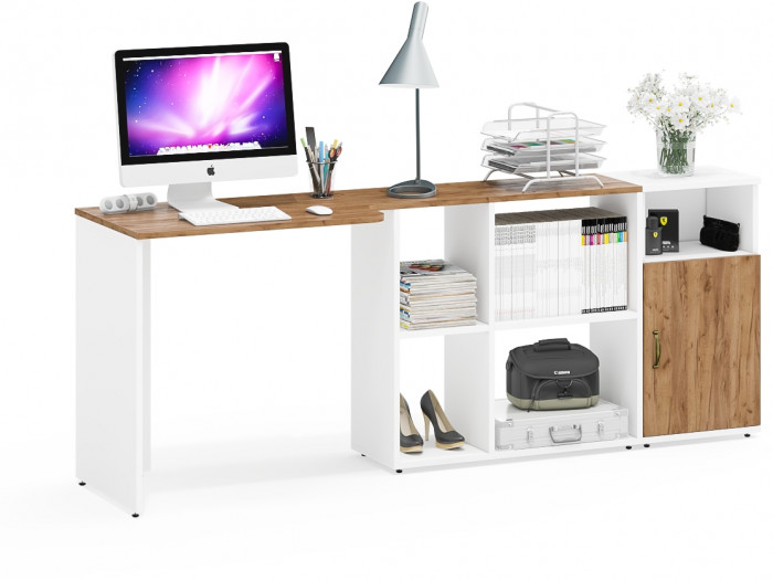 Лидер-8 Стол + Тумба МД 3.19, цвет белый шагрень/крафт золото, ШхГхВ 205х50/30х75 см. или 115х50/120х75 см., НЕ универсальная сборка