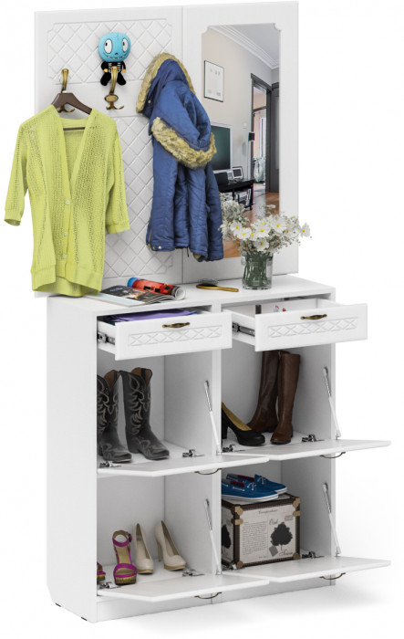 Прихожая П-6 Компоновка № 05, цвет белая шагрень/фасады МДФ белое дерево фрезеровка ромб, ШхГхВ 110х35х200 см.