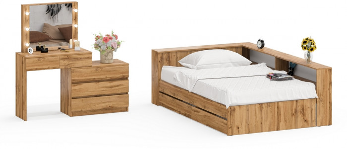 Ксения Кровать с ящиками 1200 + прикроватный блок + Столик с подсветкой 110, дуб вотан
