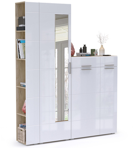 Лайн Прихожая № 12, дуб крафт серый/фасады МДФ белый глянец