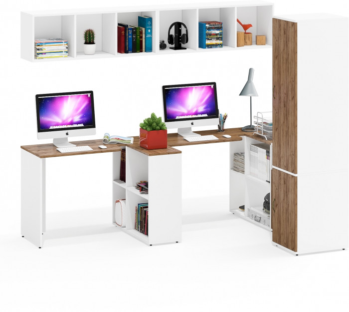 Лидер-8 Стол + Полка + Стол + Полка + Пенал МД 23Б + Тумба МД 3.19, белый шагрень/крафт золото