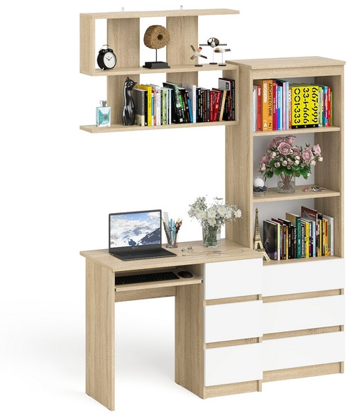 Мори компьютерный стол МС-6 правый + Стеллаж МСТ600.3 + Полка 900, дуб сонома/белый