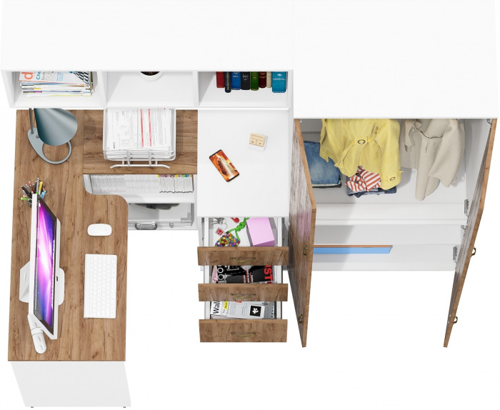 Лидер-8 Стол + Полка + Тумба МД 3.16 + Шкаф МД 19Б, цвет белый шагрень/крафт золото, ШхГхВ 285х50/50х75/190 или 115х200/50х75/190 см., НЕ ун. сб.