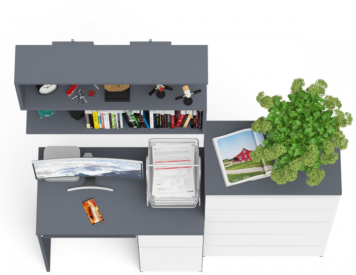 Мори Стол компьютерный МС-1 правый + Комод МК700.5 + Полка 900, цвет графит/белый, ШхГхВ 160,4х50х209,6 см., НЕ универсальная сборка