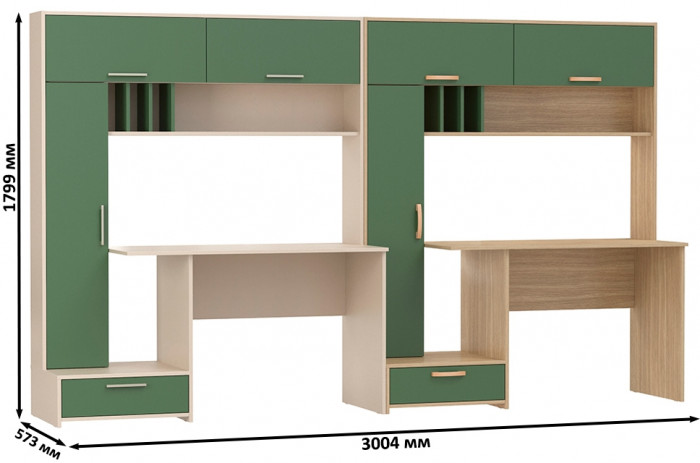 Два Стола письменных Лайт 03.243Н, цвет сатин/дымчатый зелёный/плэйн/дымчатый зелёный, ШхГхВ 300,4х57,3х179,9 см., НЕ универсальная сборка