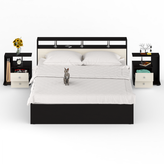 Камелия Кровать 1800 + две тумбы, цвет венге/дуб лоредо, ШхГхВ 296х217х78,2 см., сп.м. 1800х2000 мм., без матраса, основание есть