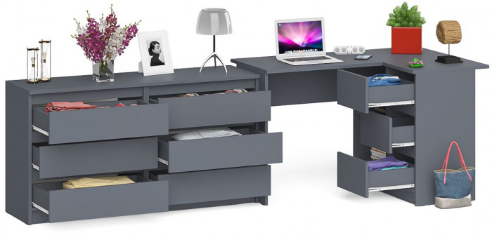 Мори Стол компьютерный МС-16 правый + Комод МК1380.6, цвет графит, ШхГхВ 262,4х84,9х76,6 см., выдвижные ящики справа, НЕ универсальная сборка