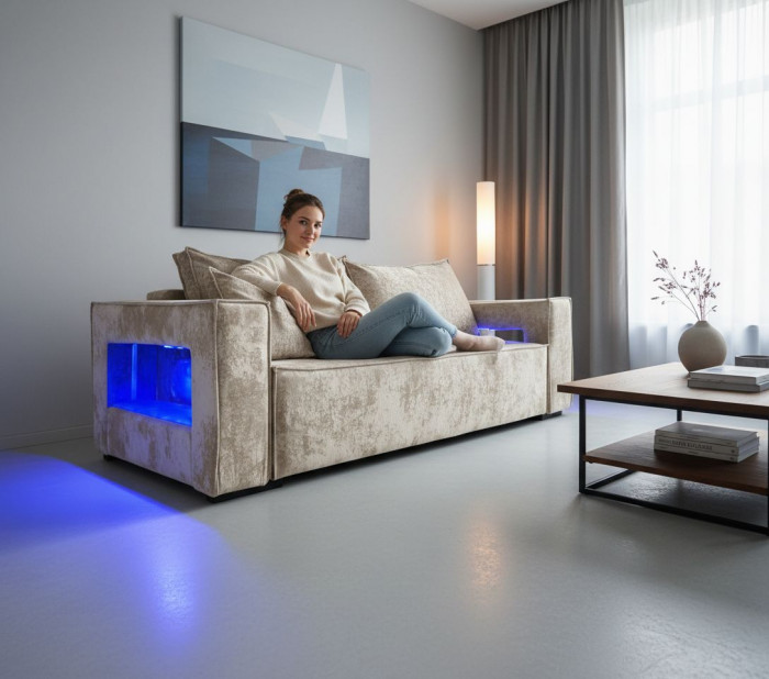 Диван-кровать Лофт Люкс Плюш с подсветкой, еврокнижка, независимый пружинный блок, 140х195, бежевый