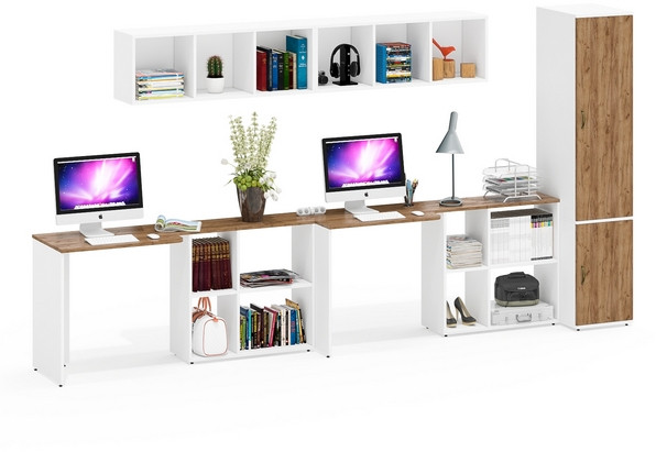 Лидер-8 Стол + Полка + Стол + Полка + Пенал МД 23Б, белый шагрень/крафт золото