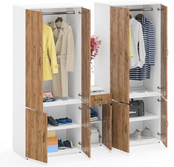 Лидер-8 Шкаф МД 19Б + Шкаф МД 19Б + Тумба МД 3.15, цвет белый шагрень/крафт золото, ШхГхВ 200х50х190 см., универсальная сборка