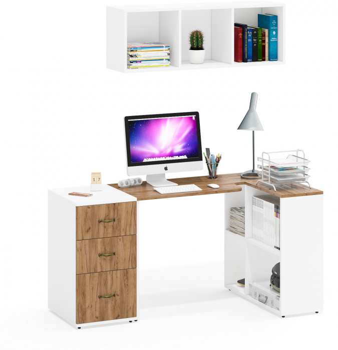 Лидер-8 Стол + Полка + Тумба МД 3.16, цвет белый шагрень/крафт золото, ШхГхВ 205х50/30х75/190 или 155х80/50х75/190 см., НЕ универсальная сборка