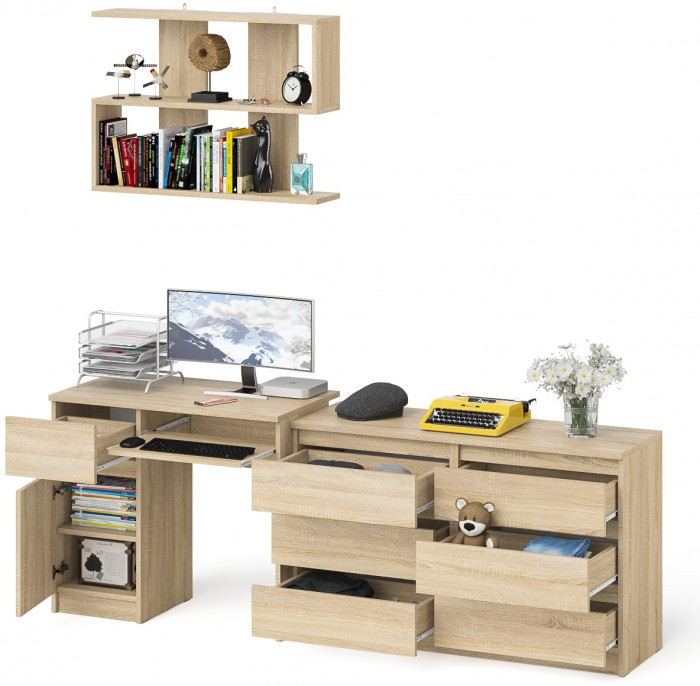Мори Стол компьютерный МС-1 левый + Комод МК1200.6 + Полка 900, цвет дуб сонома, ШхГхВ 210,4х50х209,6 см., НЕ универсальная сборка