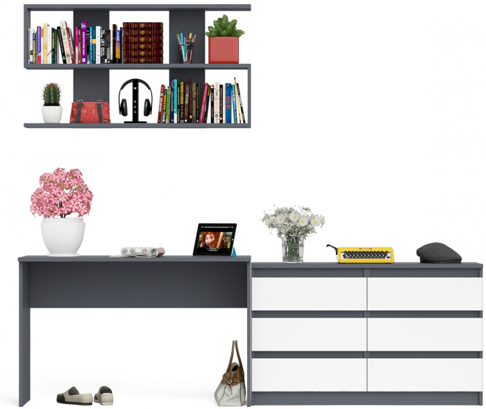 Мори Стол письменный МСП1200.1 + Комод МК1200.6 + Полка 1200, цвет графит/белый, ШхГхВ 240,8х50х209,6 см., универсальная сборка