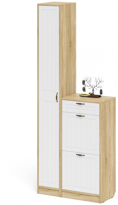 Прихожая П-6 Компоновка № 22, цвет дуб сонома/фасады МДФ белое дерево фрезеровка прованс, ШхГхВ 80х35х210 см., универсальная сборка