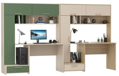 Два Стола письменных Лайт 03.243Н, цвет сатин/дымчатый зелёный/плэйн/сатин, ШхГхВ 300,4х57,3х179,9 см., НЕ универсальная сборка