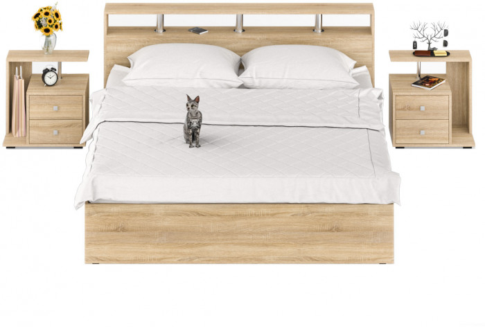 Камелия Кровать 1800 + две тумбы, цвет дуб сонома, ШхГхВ 296х217х78,2 см., сп.м. 1800х2000 мм., без матраса, основание есть