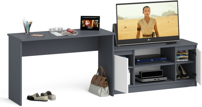 Мори Стол письменный МСП1200.1 + Тумба МТВ1200.1, цвет графит/белый, ШхГхВ 240,8х50х76,6 см., универсальная сборка