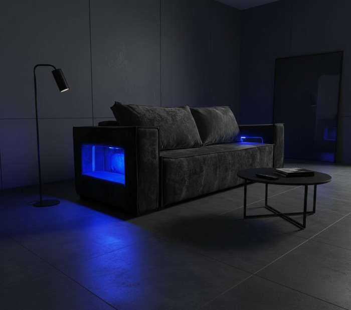 Диван-кровать Лофт Люкс Плюш с подсветкой, еврокнижка, пружинный блок, 140х195, черный