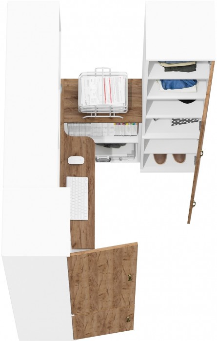 Лидер-8 Стол + Полка + Пенал МД 22Б + Пенал МД 22Б, цвет белый шагрень/крафт золото, ШхГхВ 245х50/37,5х75/190 или 115х160/50х75/190 см., НЕ ун. сб.