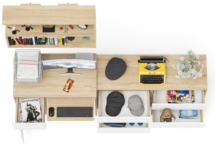 Мори Стол компьютерный МС-1 левый + Комод МК1200.6 + Полка 900, цвет дуб сонома/белый, ШхГхВ 210,4х50х209,6 см., НЕ универсальная сборка