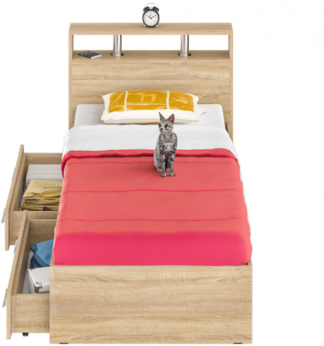 Камелия Кровать с ящиками 0900, цвет дуб сонома, ШхГхВ 93,5х217х78,2 см., сп.м. 900х2000 мм., без матраса, основание есть