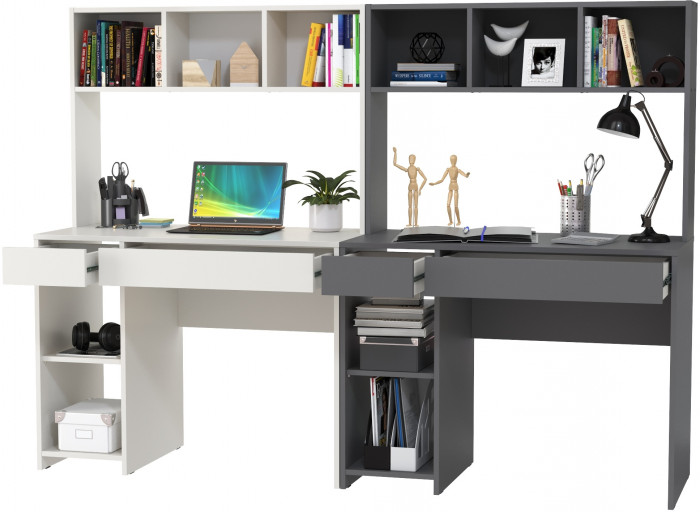Стол компьютерный Комфорт 12.77F + Стол компьютерный Комфорт 12.77F, цвет белый шагрень/тёмно-серый, ШхГхВ 200х49,8х147 см., универсальная сборка