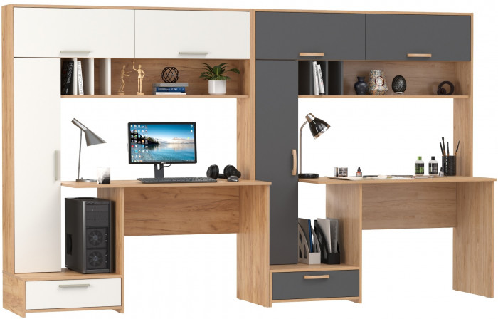 Два Стола письменных Лайт 03.243Н, цвет дуб крафт золотой/белый премиум/гикори рокфорд натуральный/тёмно-серый, ШхГхВ 300,4х57,3х179,9 см., НЕ ун. сб.