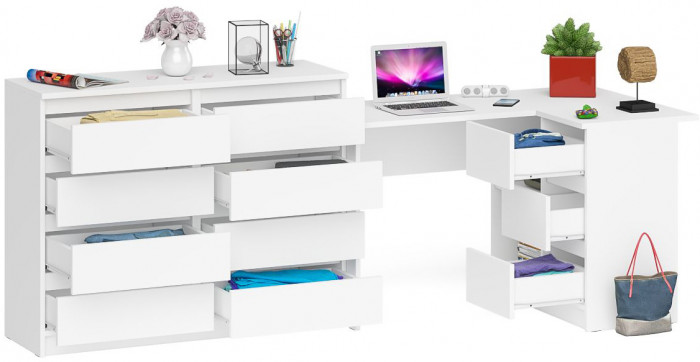 Мори компьютерный стол МС-16 правый + Комод МК1200.8, белый