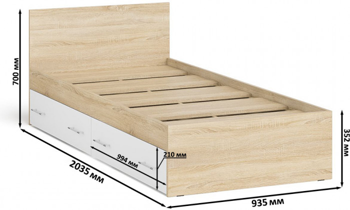 Мори Кровать с ящиками 0900, цвет дуб сонома/белый, ШхГхВ 93,5х203,5х70 см., сп.м. 900х2000 мм., без матраса, основание есть