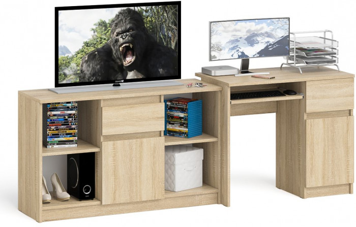 Мори Стол компьютерный МС-1 правый + Тумба МТВ1204.1, цвет дуб сонома, ШхГхВ 210,4х50х76,6 см., выдвижной ящик справа, НЕ универсальная сборка