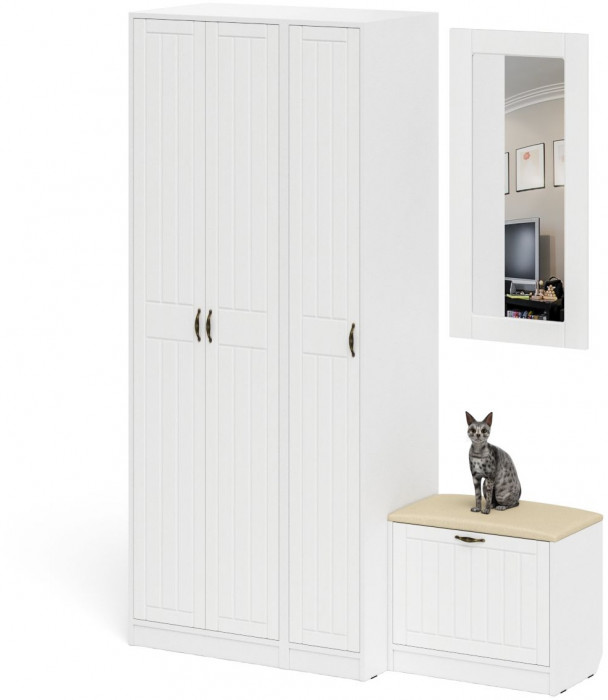 Прихожая П-6 Компоновка № 46, цвет белая шагрень/фасады МДФ белое дерево фрезеровка прованс, ШхГхВ 150х50х210 см., универсальная сборка