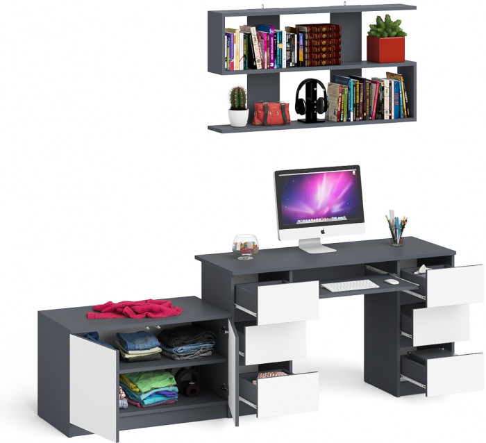 Мори компьютерный стол МС-2 + Тумба МА900.1 + Полка 1200, графит/белый