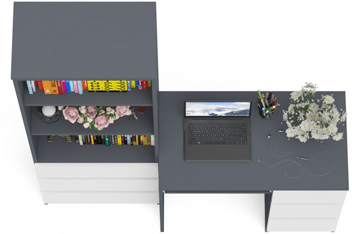 Мори компьютерный стол МС-6 правый + Стеллаж МСТ600.3, графит/белый