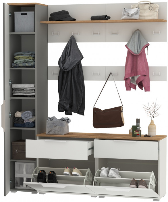 Октава Прихожая 52, белый шагрень/серый графит/дуб крафт золотой/фасады МДФ белый шагрень/серый графит