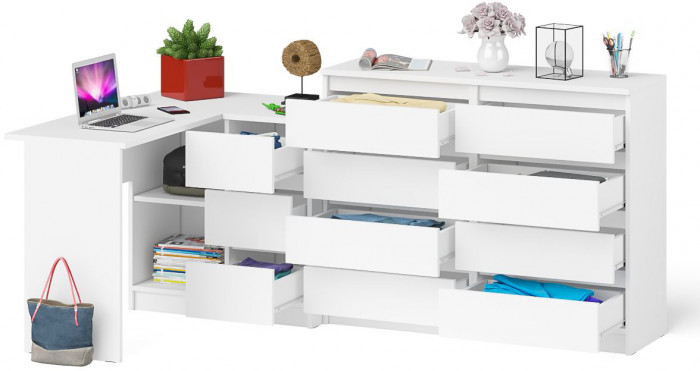Мори Стол компьютерный МС-16 правый + Комод МК1200.8, цвет белый, ШхГхВ 244,8х84,9х94 см., выдвижные ящики справа, НЕ универсальная сборка