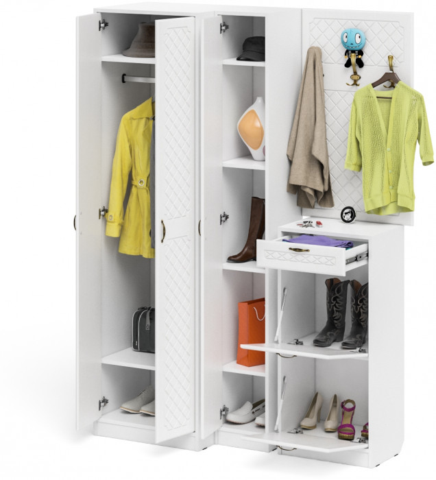 Прихожая П-6 Компоновка № 30, цвет белая шагрень/фасады МДФ белое дерево фрезеровка ромб, ШхГхВ 150х50х210 см., универсальная сборка