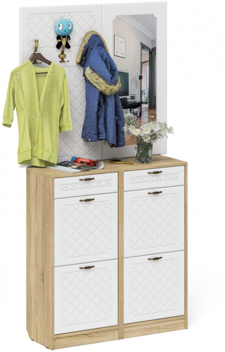 Прихожая П-6 Компоновка № 05, цвет дуб сонома/фасады МДФ белое дерево фрезеровка ромб, ШхГхВ 110х35х200 см.