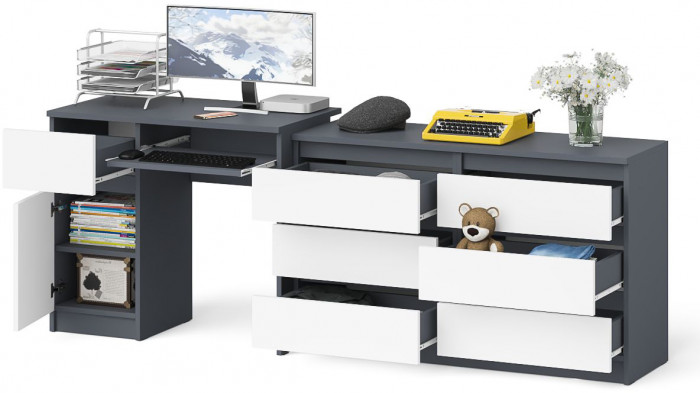 Мори Стол компьютерный МС-1 левый + Комод МК1200.6, цвет графит/белый, ШхГхВ 210,4х50х76,6 см., выдвижной ящик слева, НЕ универсальная сборка