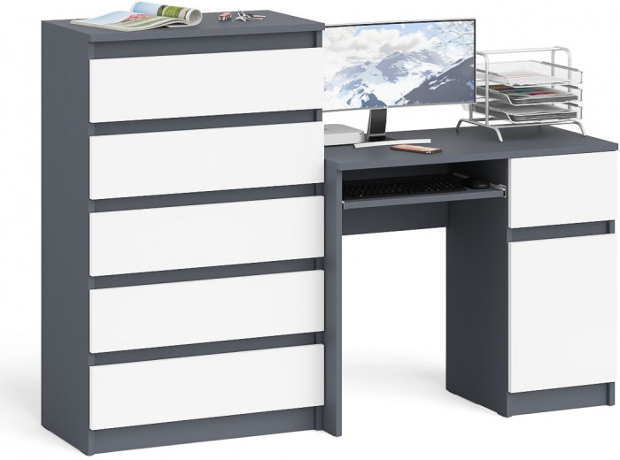 Мори Стол компьютерный МС-1 правый + Комод МК700.5, цвет графит/белый, ШхГхВ 160,4х50х114 см., выдвижной ящик справа, НЕ универсальная сборка