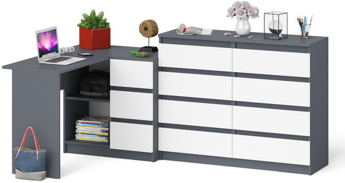 Мори Стол компьютерный МС-16 правый + Комод МК1200.8, цвет графит/белый, ШхГхВ 244,8х84,9х94 см., выдвижные ящики справа, НЕ универсальная сборка