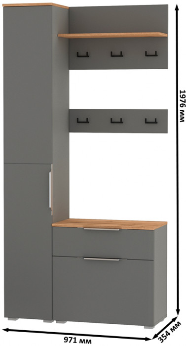 Октава Прихожая 16, цвет серый графит/дуб крафт золотой/фасады МДФ серый графит, ШхГхВ 97,1х35,4х197,6 см., универсальная сборка