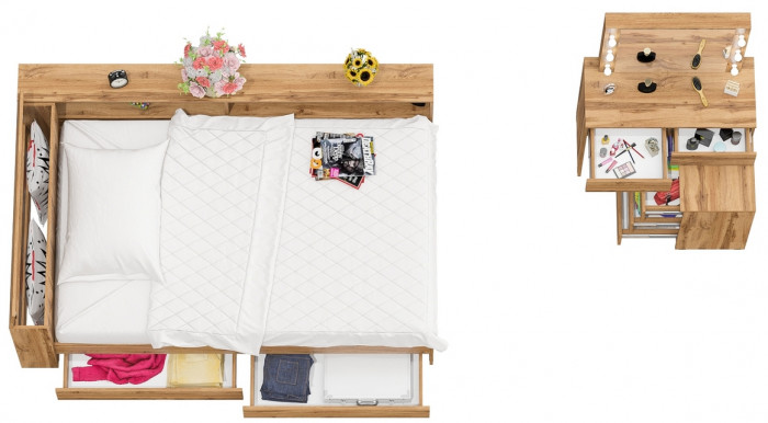 Ксения Кровать с ящиками 1200 + прикроватный блок + Столик с подсветкой 110, дуб вотан