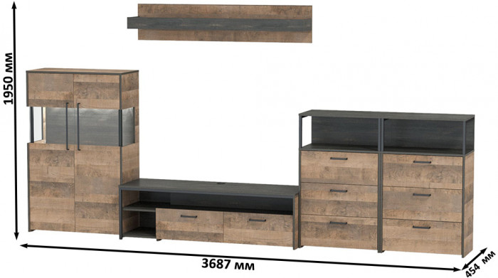 Трувор Гостиная 109, цвет дуб гранж песочный/интра, ШхГхВ 367,6х45,4х195 см., универсальная сборка
