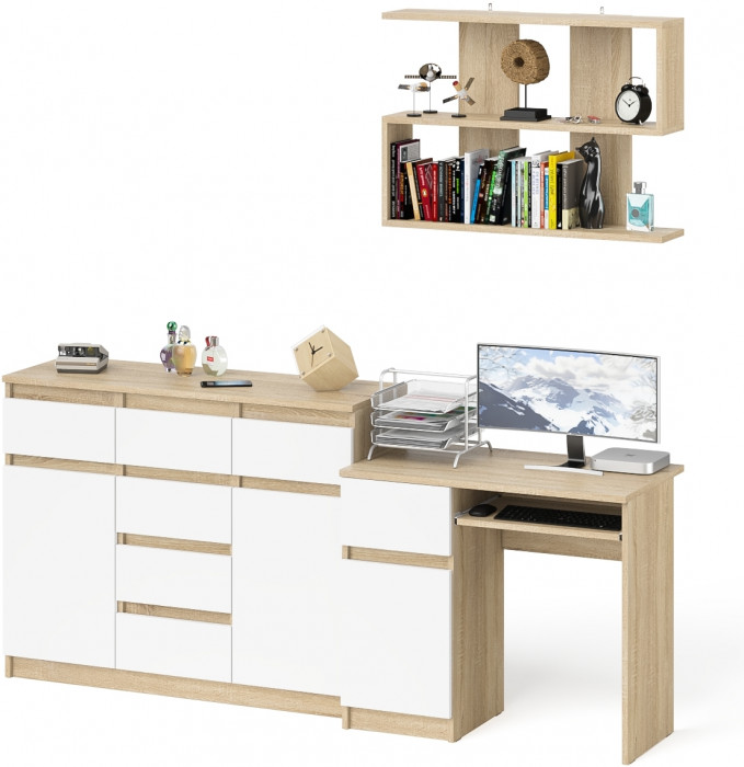 Мори компьютерный стол МС-1 левый + Комод МК1200.4 + Полка 900, дуб сонома/белый