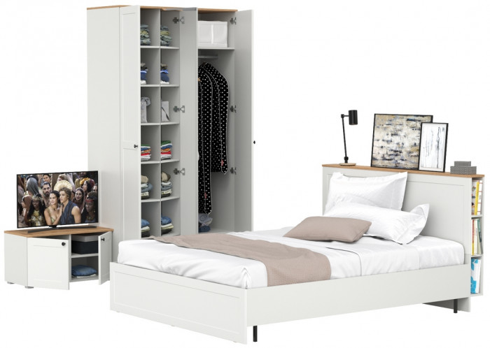 Остин 11.53 Кровать + ортопед + 13.336.03 Шкаф для одежды + 13.257 Тумба, белый шагрень/дуб крафт золотой